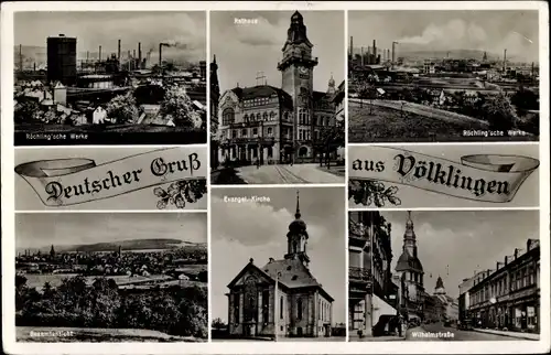 Ak Völklingen im Saarland, Röchlingsche Eisen- und Stahlwerke, Rathaus, Wilhelmstraße, Evang. Kirche