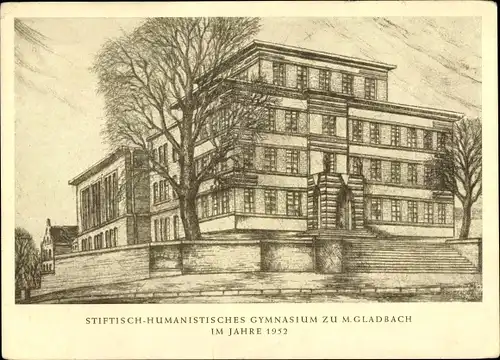 Künstler Ak Vogel, Mönchengladbach am Niederrhein, Stiftisches Humanistisches Gymnasium im Jahr 1952