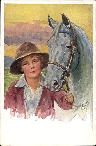 Künstler Ak Feiertag, K., Kind mit weißem Pferd