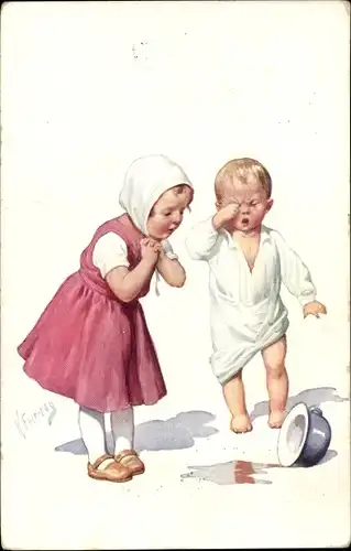 Künstler Ak Feiertag, K., Kinder, Weinender tollpatschiger Junge, Nachttopf