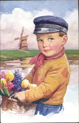 Künstler Ak Feiertag, K., Junge in niederländischen Trachten, Portrait, Blumenkorb, Windmühle