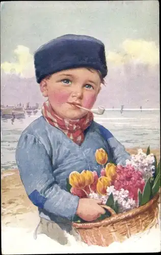 Künstler Ak Feiertag, K., Junge in niederländischen Trachten, Portrait, Pfeife, Blumenkorb
