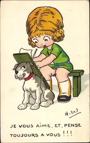 Künstler Ak Je vous aime, Mädchen schreibt einen Brief, Hund dient als Schreibtisch