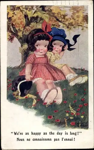 Künstler Ak We're as happy as the day is long, Mädchen auf einer Wiese