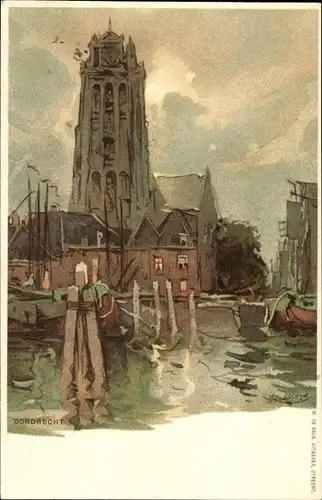 Künstler Ak Cassiers, Henri, Dordrecht Südholland Niederlande, Kanalpartie, Kirche