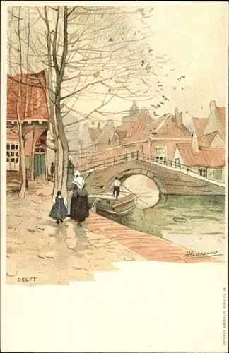 Künstler Ak Cassiers, Henri, Delft Südholland Niederlande, Kanalpartie, Trachten