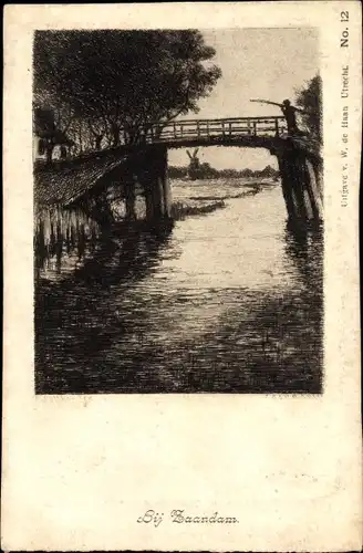 Ak Zaandam Zaanstad Nordholland, Gewässer, Brücke, Windmühle