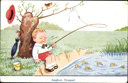 Ak Anglers Traum, Goldfische im Teich, Haken im Baum