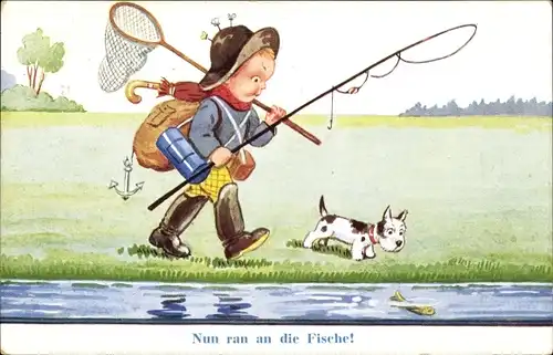 Ak Nun ran an die Fische, Angler mit Hund