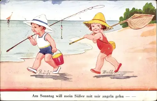 Ak Am Sonntag will mein Süßer mit mir angeln gehn, Angler am Strand