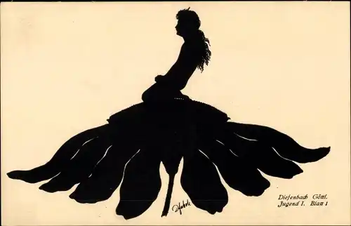 Scherenschnitt Ak Diefenbach, Göttliche Jugend I Blatt 1, Mädchen auf einer Blume