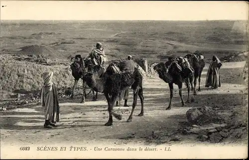 Ak Scenes et Types, Une Caravane dans le desert, Kamele in der Wüste, Maghreb