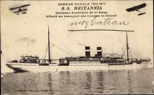 Ak Französisches Kriegsschiff, SS Britannia, Croiseur Auxiliaire de Ier Rang, Militärflugzeuge