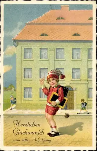 Ak Glückwunsch Einschulung, Junge mit Schulranzen und Tafel