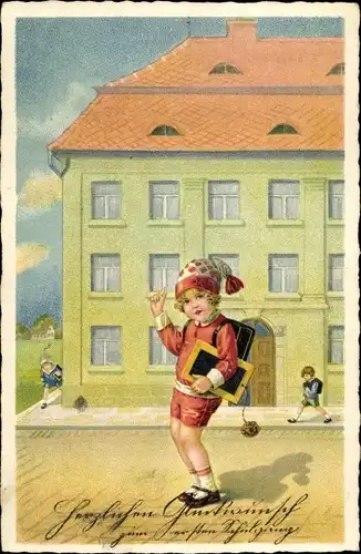 Ak Glückwunsch Einschulung, Kind mit Schulranzen und Tafel