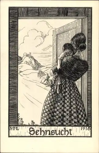 Künstler Ak Hertz Lücker, Marga, Sehnsucht, Mutter mit Kind auf dem Arm in der Haustür