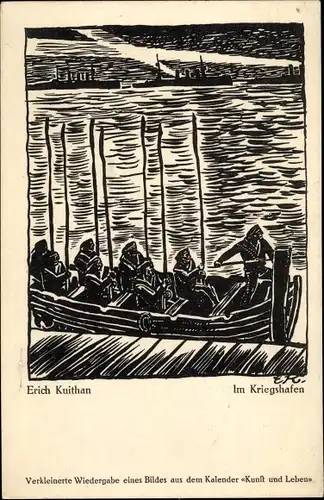 Künstler Ak Kuithan, Erich, Im Kriegshafen, Kalender Kunst und Leben, Ruderboot