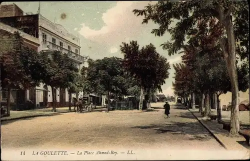 Ak La Goulette Tunesien, La Place Ahmed Bey, Straßenpartie, Kutschen