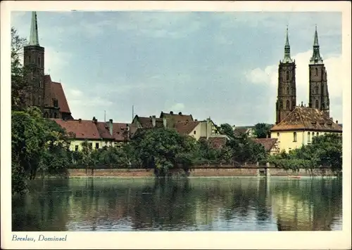 Ak Wrocław Breslau Schlesien, Blick über Wasser zur Dominsel, Kreuzkirche, Katedra