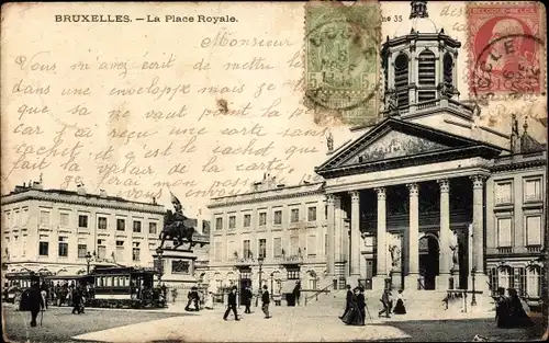 Ak Bruxelles Brüssel, La Place Royale, Denkmal, Straßenbahn