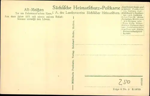 Ak Meißen in Sachsen, Tor am Bahrmannchen Haus, Eingangsportal, Sächsische Heimatschutzpostkarte