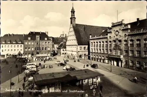 Ak Zwickau in Sachsen, Hauptmarkt mit Rathaus und Stadttheater