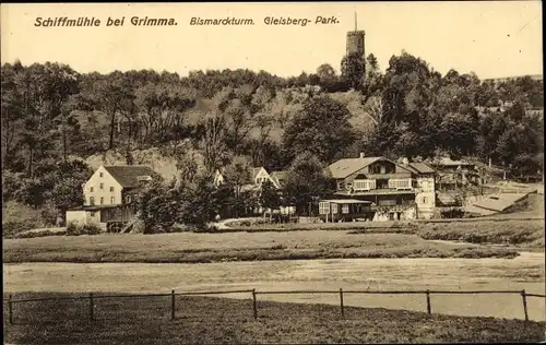 Ak Grimma in Sachsen, Schiffmühle, Bismarckturm, Gleisbergpark