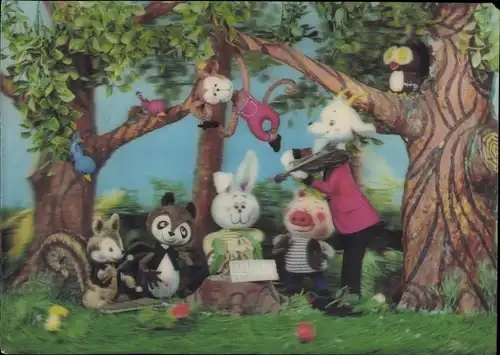 3D Ak Vermenschlichte Tiere mit Musikinstrumenten, Ziege, Schwein, Hase, Affe, Eichhörnchen