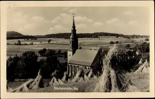 Ak Bärenwalde Crinitzberg in Sachsen, Panorama mit Kirche, Stroh