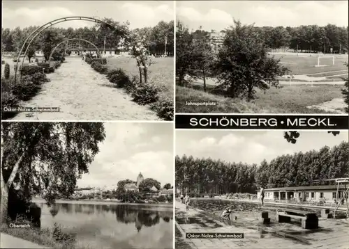 Ak Schönberg in Mecklenburg, Oskar-Nolze-Schwimmbad, Jahnsportplatz, Oberteich