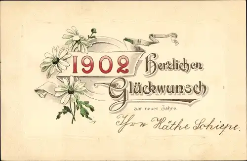 Präge Litho Glückwunsch Neujahr 1902, Margeriten