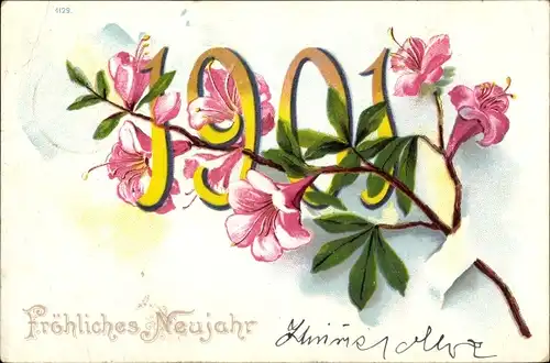 Litho Glückwunsch Neujahr 1901, Blühende Blumen