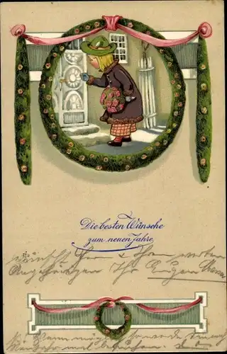 Präge Ak Glückwunsch Neujahr, Kind an der Tür, Geschenke, Kranz