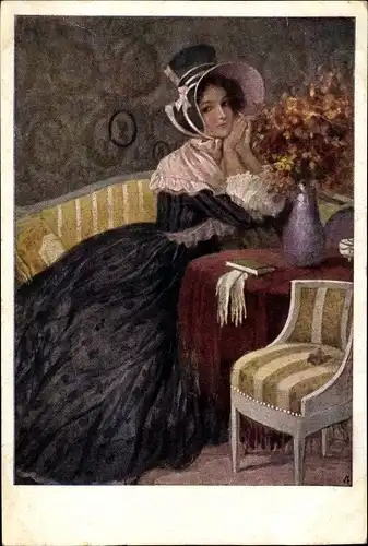 Künstler Ak Portrait einer jungen Frau in schwarzem Kleid, Blumenvase, Hut, Blumen, Stuhl