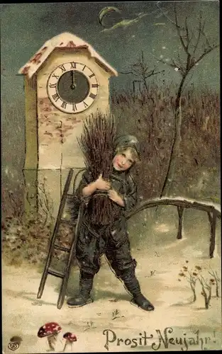 Präge Ak Glückwunsch Neujahr, Schornsteinfeger, Uhr, Pilze