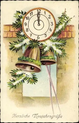 Ak Glückwunsch Neujahr, Uhr, Glocken, Tannenzweige