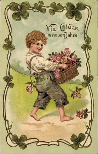 Präge Passepartout Ak Glückwunsch Neujahr, Kind, Korb mit Rosen, Glücksklee
