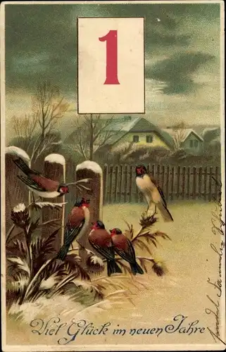 Präge Ak Glückwunsch Neujahr, Kalender, Vögel, Zaun, Häuser