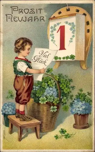 Präge Ak Glückwunsch Neujahr, Junge, Kleeblätter, Kalender