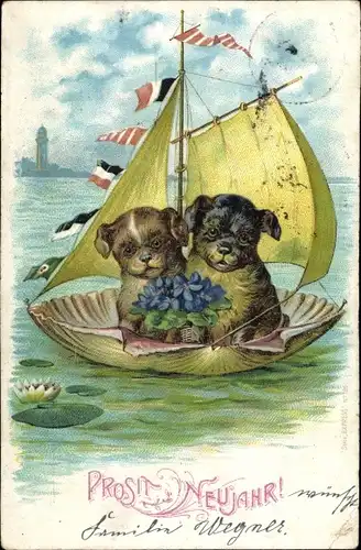 Litho Glückwunsch Neujahr, Hunde beim Segeln, Blumen, Kaiserliche Fahne