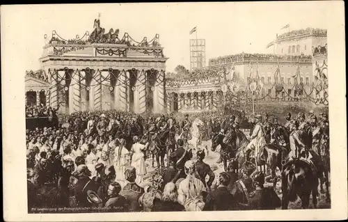 Künstler Ak Camphausen, Berlin Mitte, Einzug der Truppen, Brandenburger Tor, Rotes Kreuz