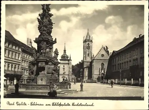 Ak Teplice Šanov Teplitz Schönau Region Aussig, Brunnen auf dem Schlossplatz, Kirche