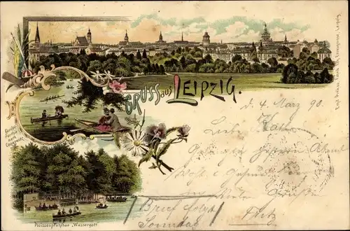 Litho Leipzig in Sachsen, Pleissenpfahlbau Wassergott, Panoramablick, Liebespaar, Ruderpartie