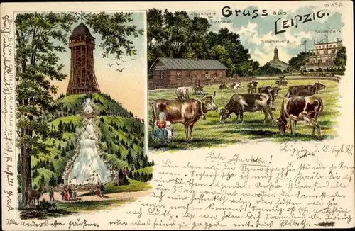 Litho Leipzig, Alpenhütte im Rosenthal, Scherbelberg, Kaiserpark, Kühe, Reh, Bruno Bürger 393