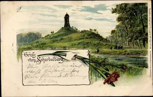 Künstler Litho Leipzig, Scherbelberg Turm, Fluss