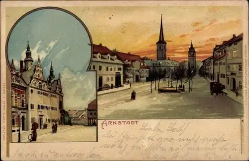 Litho Arnstadt in Thüringen, Marktplatz, Straßenpartie