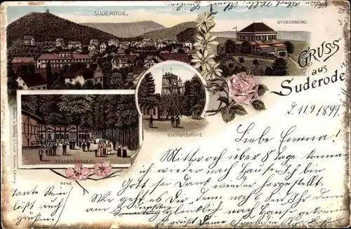 Litho Bad Suderode Quedlinburg im Harz, Stubenberg, Victorshöhe, Felsenkeller, Blick auf den Ort