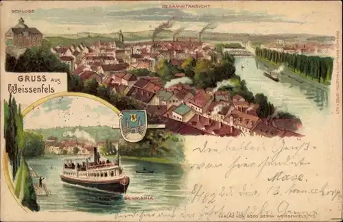 Litho Weißenfels an der Saale, Dampfer Germania, Schloss, Panorama