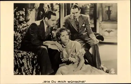 Ak Schauspielerin Greta Garbo, Schauspieler Owen Moore und Melvyn Douglas, Wie Du mich wünscht