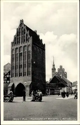 Ak Słupsk Stolp Pommern, Fischmarkt, Mühlentor, Schlosskirche